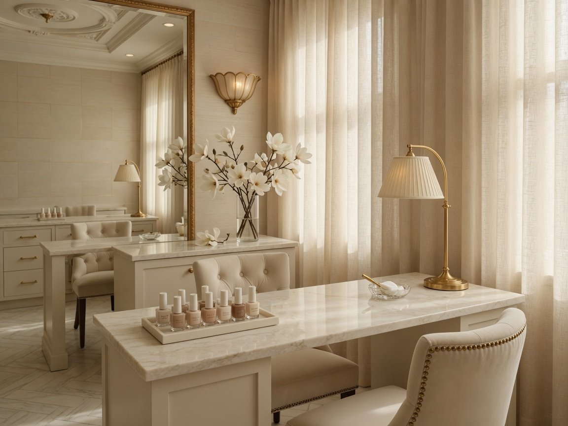 Cream marble manicure tables, ivory chairs, and magnolias in the Bliss studio