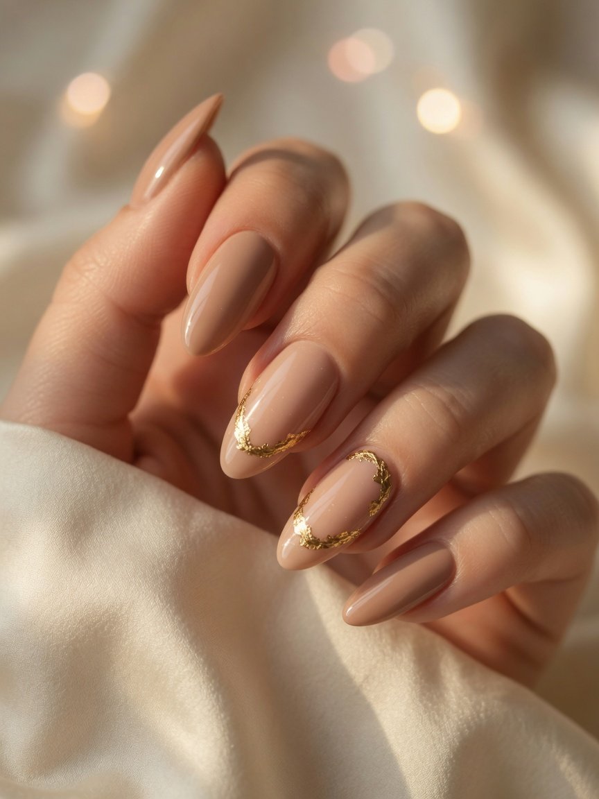 Latte nude almond set with gold crescent tips