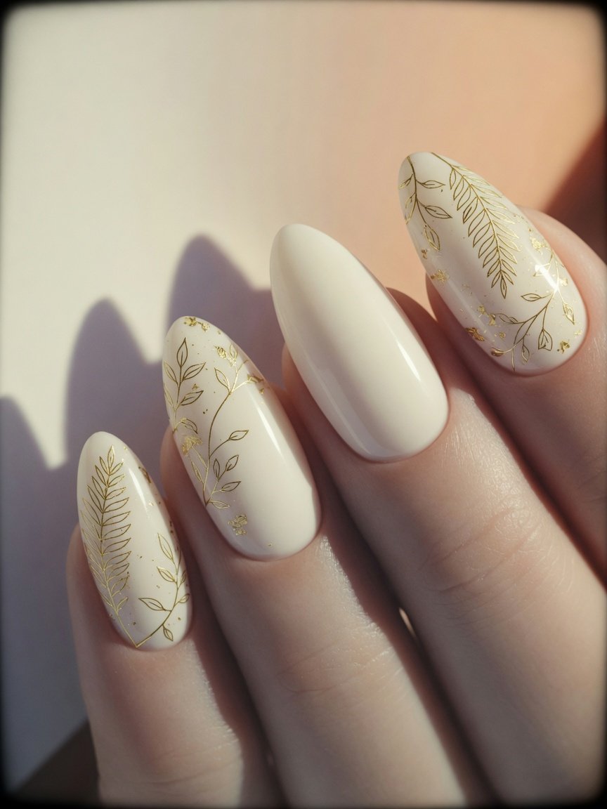 Ivory almond nails with gold botanical linework