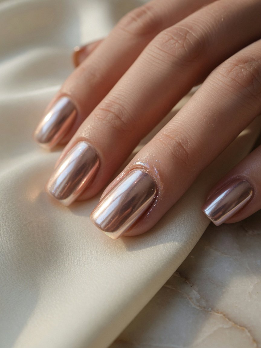 Champagne chrome manicure in warm light